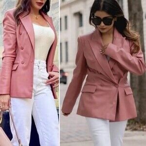 Blogger Fave Zara Salmon Pink Vegan Leather Tailored Blazer Size Small NWT